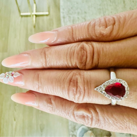 Sterling Silver 925 Set Red Teardrop Ring Earrings Necklace Zircons Solid - Picture 3 of 14